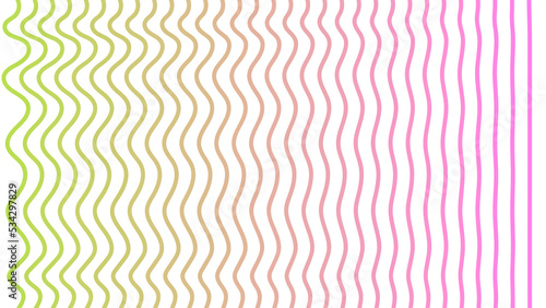 Abstract background colored lines on a white background. Smooth transition from curved green line to straight pink line.