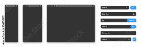 Blank internet browser window with various search bar templates, dark mode. Web site engine with search box, address bar and text field. UI design, website interface elements. Vector illustration