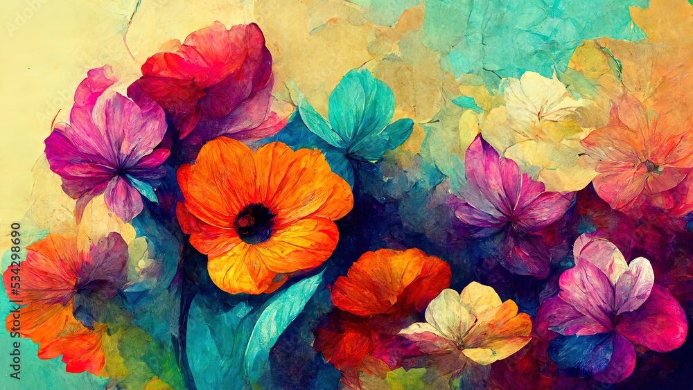 Colorful flowers wallpaper, 3D rendering, 3D illustration.