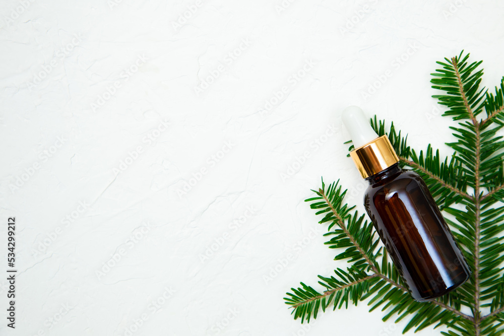 cosmetic oil with spruce branches on a white background cosmetic oil with spruce branches on a white background