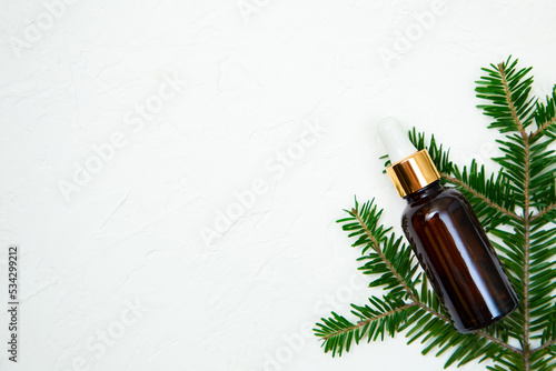 cosmetic oil with spruce branches on a white background