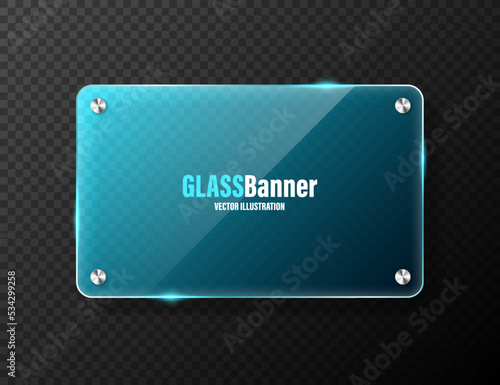 Realistic glass frame with metal holders. Blue transparent glass banner with flares and highlights. Glossy acrylic plate, element with light reflection and place for text. Vector illustration