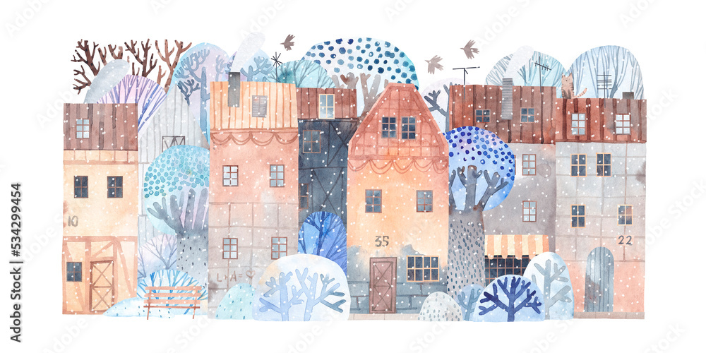 Winter city. Watercolor background. Old city. Watercolor poster. Painting for the children's room. Old town in winter. Horizontal card or banner. - obrazy, fototapety, plakaty 