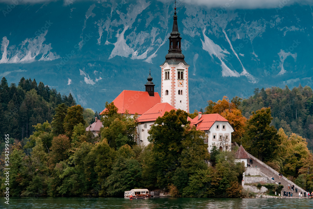 Fototapeta premium Lake Bled Slovenia autumn panoramic view