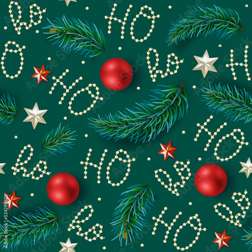 Ho ho ho pattern, laughing Santa Claus. Textures for Christmas design. Vector green background with the words' ho lined with beads and red Christmas balls.