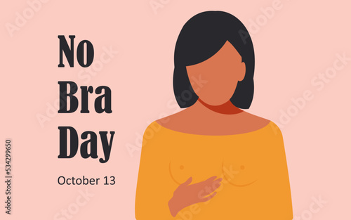 No Bra Day, October 13. Horizontal pink banner with one young woman in a yellow dress without a bra. Vector.