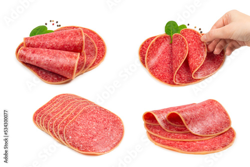 Salami in woman hand isolated on white.