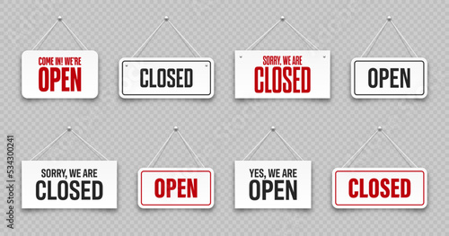 Realistic open or closed hanging signboards. Vintage door sign for cafe, restaurant, bar or retail store. Announcement banner, information signage for business or service. Vector illustration
