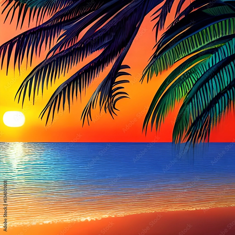 Tropic island, sunset ,sea and boat
