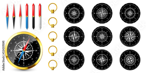 Realistic golden vintage compass with marine wind rose and cardinal directions of North, East, South, West. Shiny metal navigational compass. Cartography and navigation. Vector illustration