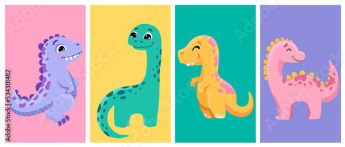 Set of cute dinosaurs posters for baby print design or nursery poster. Vector cartoon illustration