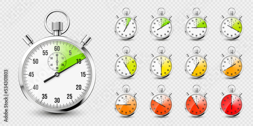 Realistic classic stopwatch icons. Shiny metal chronometer, time counter with dial. Red countdown timer showing minutes and seconds. Time measurement for sport, start and finish. Vector illustration
