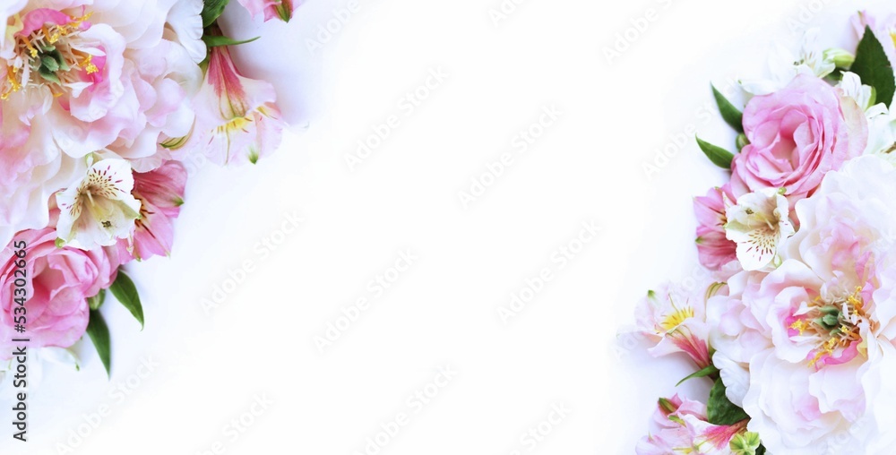 Light pink roses and peonies in a festive bouquet on a white background. Delicate floral arrangement. Background for a greeting card.