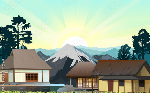 Traditional Japanese house. Sunrise and mountains. Small village. Rural dwelling with thatched roof. illustration vector.