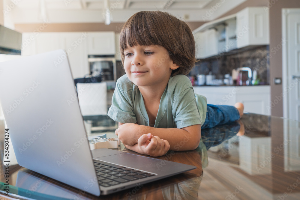 Cute. little boy using laptop in the livingroom with a cheerful smile Cute. little boy using laptop in the livingroom with a cheerful smile