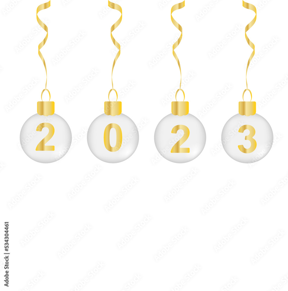 Realistic merry christmas new year 2023 poster with hanging silver and golden balls stars streamers on background with bokeh vector illustration Realistic merry christmas new year 2023 poster with hanging silver and golden balls stars streamers on background with bokeh vector illustration