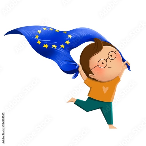 Little boy holding flag of European Union and running. Digital illustration 