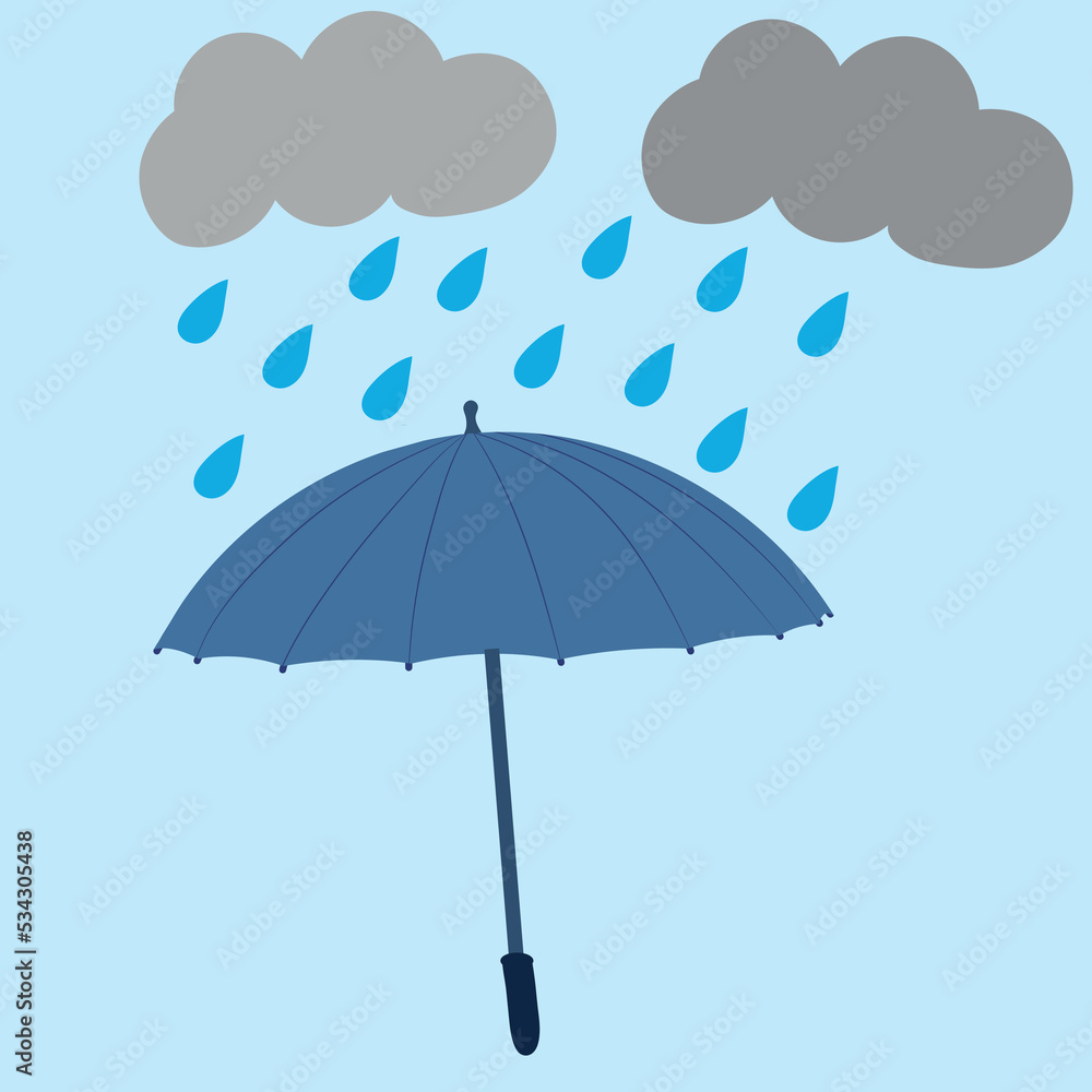Blue umbrella with raindrops and gray clouds on a blue background. Card. Flat style. Vector.