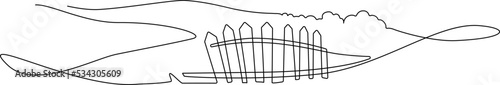 Old crooked picket fence on the border with the field. Landscape. Continuous line drawing. Vector illustration.