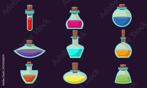 Game icons of bottles with poison or elixir. Cartoon container for health or energy. Collection magical liquid in glass bottles with corks. Vector illustration of magic items or wizard toxic object.