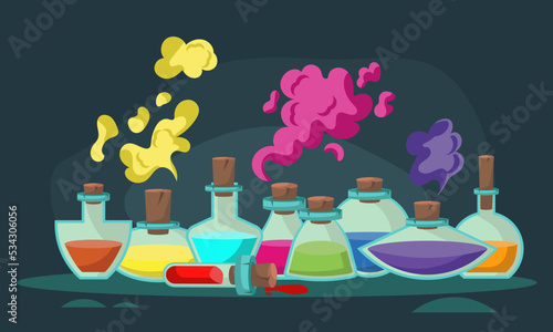 Game icons of bottles with poison or elixir. Cartoon container for health or energy. Collection magical liquid in glass bottles with corks. Vector illustration of magic items or wizard toxic object.
