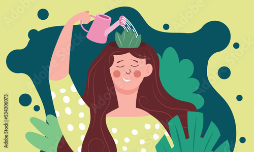 Positive growth mindset in woman and optimistic vision of life. Girl is watering the flowers in head and brain. Human mental and psychological health or motivation with development vector illustration