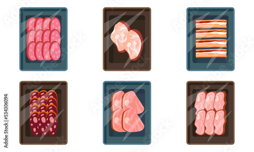 Set of cartoon meat trays. Frozen food in transparent plastic packaging. Collection of fresh meat deli container icon for supermarket. Food box isolated on white background vector illustration