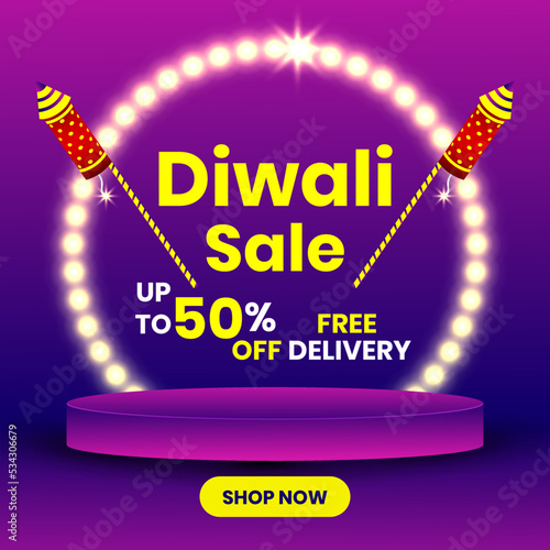 Illustration of India's biggest festival of lights Happy Diwali. Sale banner, poster, or header design with a firecracker.