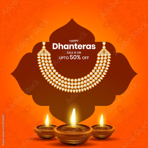 Happy Dhanteras sale design background with a beautiful gold neckpiece and burning oil lamps (Diya).