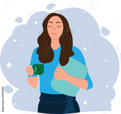 Sleepy working woman with cup of coffee