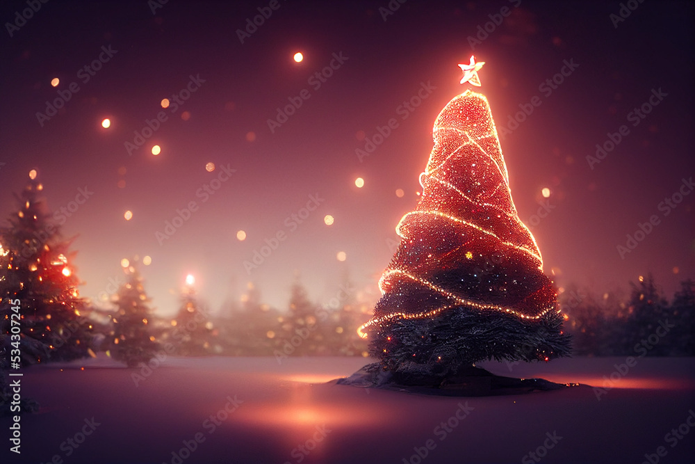 Digital illustration of magic christmas tree against snowy landscape