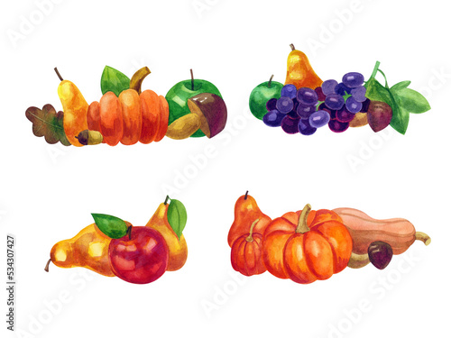 Fototapeta Naklejka Na Ścianę i Meble -  Autumn harvest, sets of bright compositions of fruits and vegetables. Watercolor illustration. Pumpkin, apple, pear, grape, mushroom.