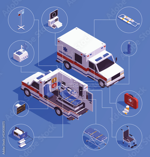 Ambulance Car Isometric Infographics Background