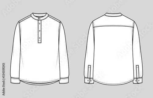 Stand-up (mandarin) collar and half plancket men's shirt. Regular Fit. Vector illustration. Flat technical sketch. Mockup template.	