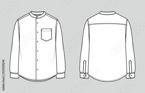 Stand-up (mandarin) collar men's formal shirt. Regular Fit. Vector illustration. Flat technical sketch. Mockup template.	