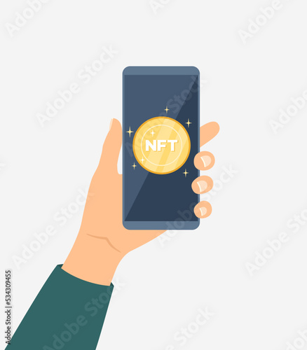 Hand holding smartphone with non fungible token on screen. NFT concept. Flat vector illustration