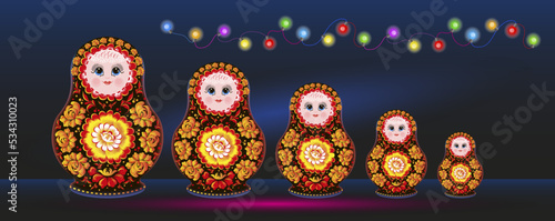 Wooden colored matryoshka doll. Russian nesting dolls. Vector image.