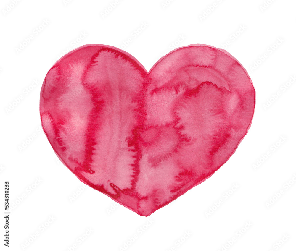 Bright pink watercolor heart isolated on white background.