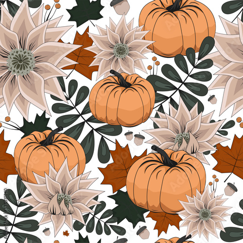 seamless autumn pattern Vector, autumn maple leaves, brown, red, yellow, orange and green leaves and plants, pumpkins for halloween pattern, flat fall design, rowan and acorns, print for fabric
