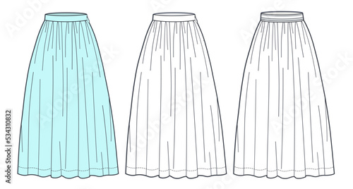 Midi Skirts technical fashion illustration. Set of Skirts fashion flat sketch template, midi lengths, A-line, elastic waist, zip-up waist, front view, white, blue design, CAD mockup set.
