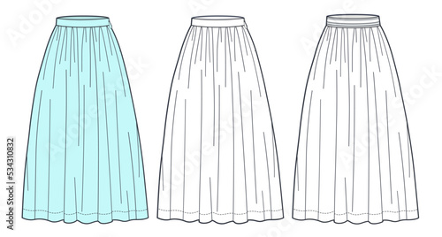 Midi Skirts technical fashion illustration. Set of Skirts fashion flat sketch template,  midi lengths, A-line, elastic waist, zip-up waist, front view, white, blue design, CAD mockup set. photo