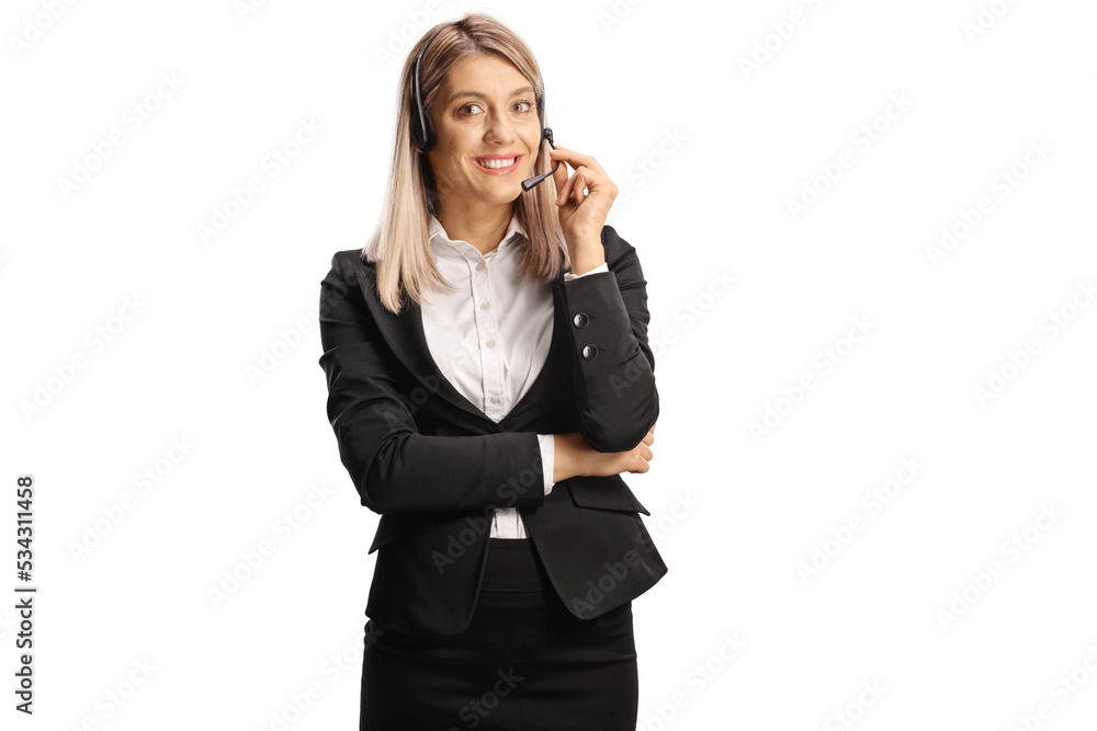 Portrait of a young female dispatcher with a headset and microphone Portrait of a young female dispatcher with a headset and microphone