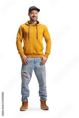 Smiling young man in a yellow sweathsirt