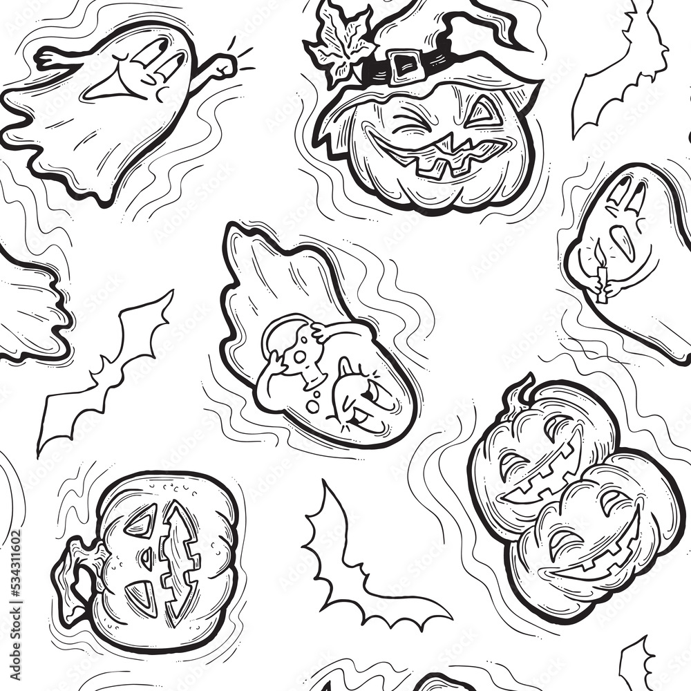 Obraz premium Halloween seamless vector pattern with pumpkin, spider, cat. Decor for party celebration, fabric print. textile design, backdrop, background, wrapping paper, scrapbooking. Hand drawn cartoon character