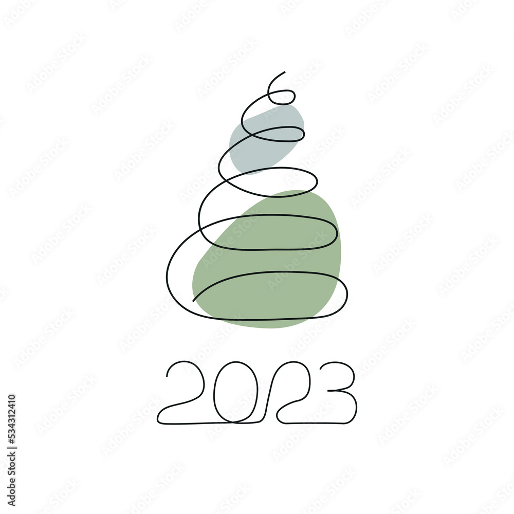 Christmas tree and inscription 2023 drawn in one continuous line. Greeting banner or postcard. Minimalist black linear sketch with color spots. Vector illustration. Christmas tree and inscription 2023 drawn in one continuous line. Greeting banner or postcard. Minimalist black linear sketch with color spots. Vector illustration.