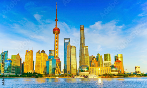 View of the skyline along the riverside on a sunny day in Shanghai  China.