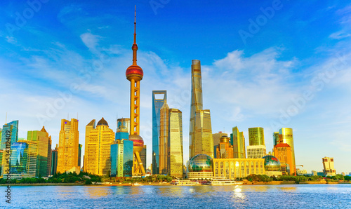 Canvas Print View of the skyline along the riverside on a sunny day in Shanghai, China