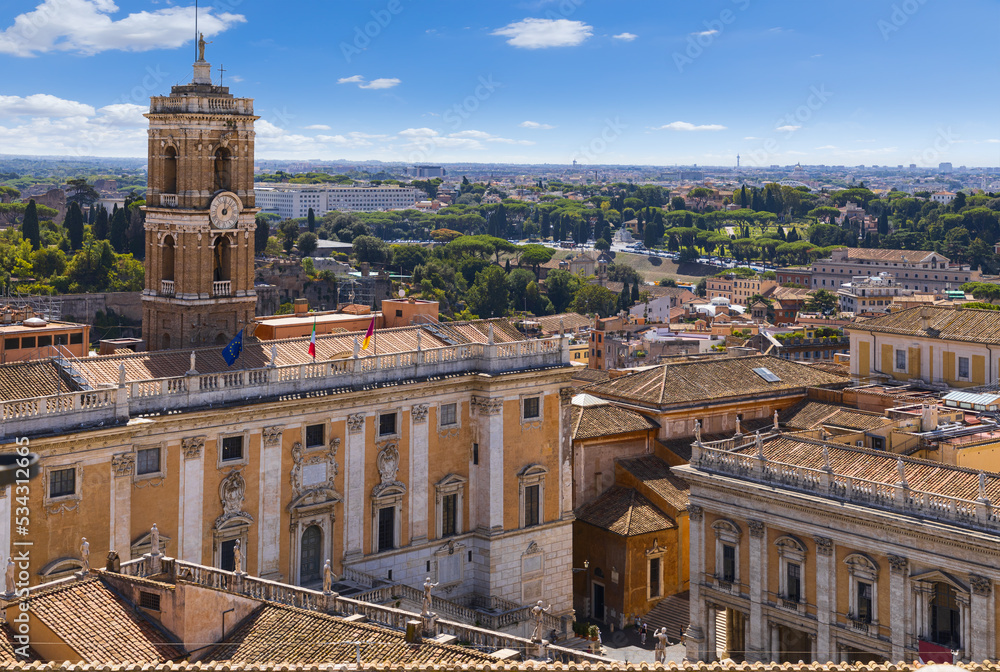 Rome skyline. View from Altar of the Fatherland or Vittoriano: in the foreground Capitoline Hill with Palazzo Senatorio.