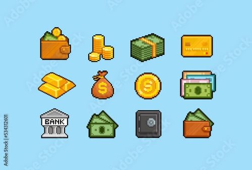 Pixel art Business and finance retro game style icon collection. Pixel money, gold coins, credit card, safe box, bank, wallet. 8-bit cash money icons for app design. Computer game assets