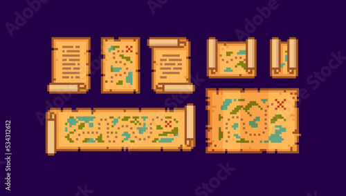 Ancient Treasure Map set on Parchment Scroll. Pixel art path Map icon. 8-bit retro game assets. Abstract pixel map with paper ripped sides. Editable vector illustration
